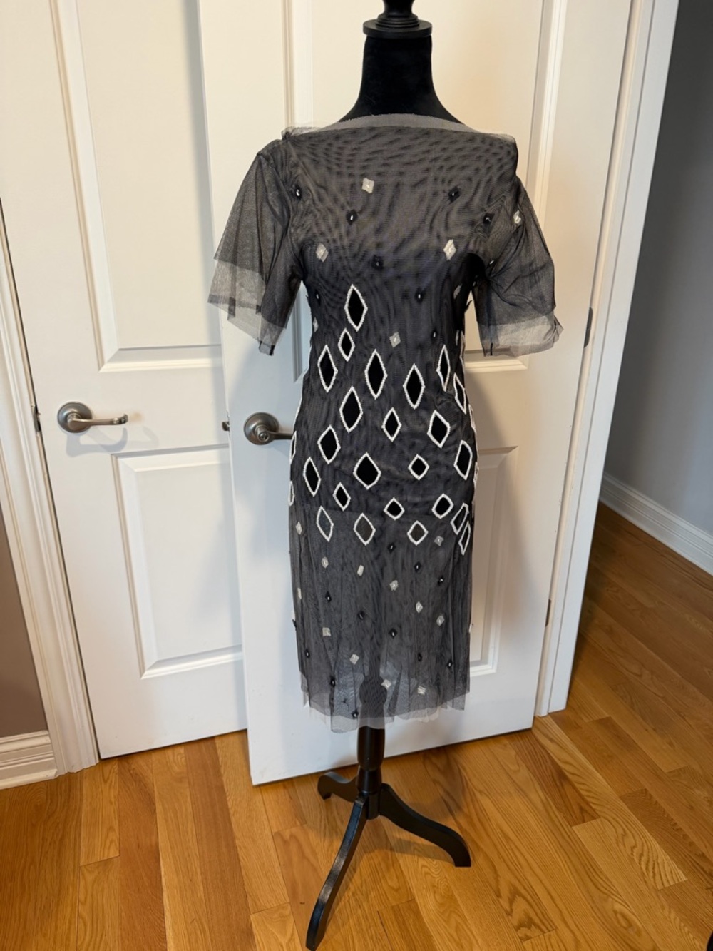 Antik Batik Black Sheer Midi Dress with Diamond Appliqué
